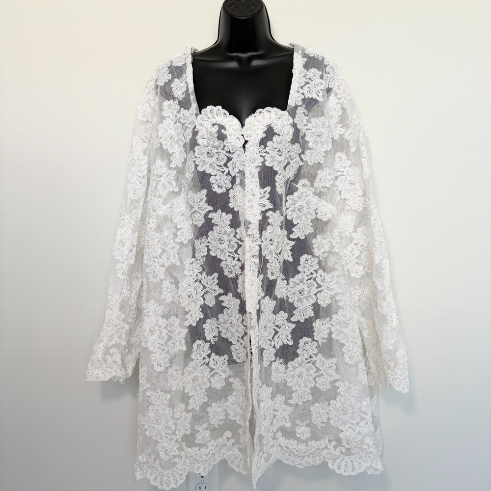 Vintage Bridal Jacket Floral Lace Beaded Sequin Topper White M